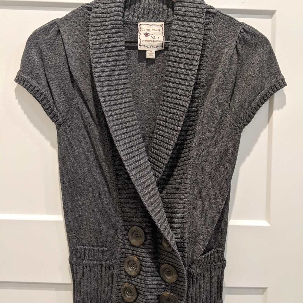 Gray Short-Sleeve Cardigan Sweater with Buttons